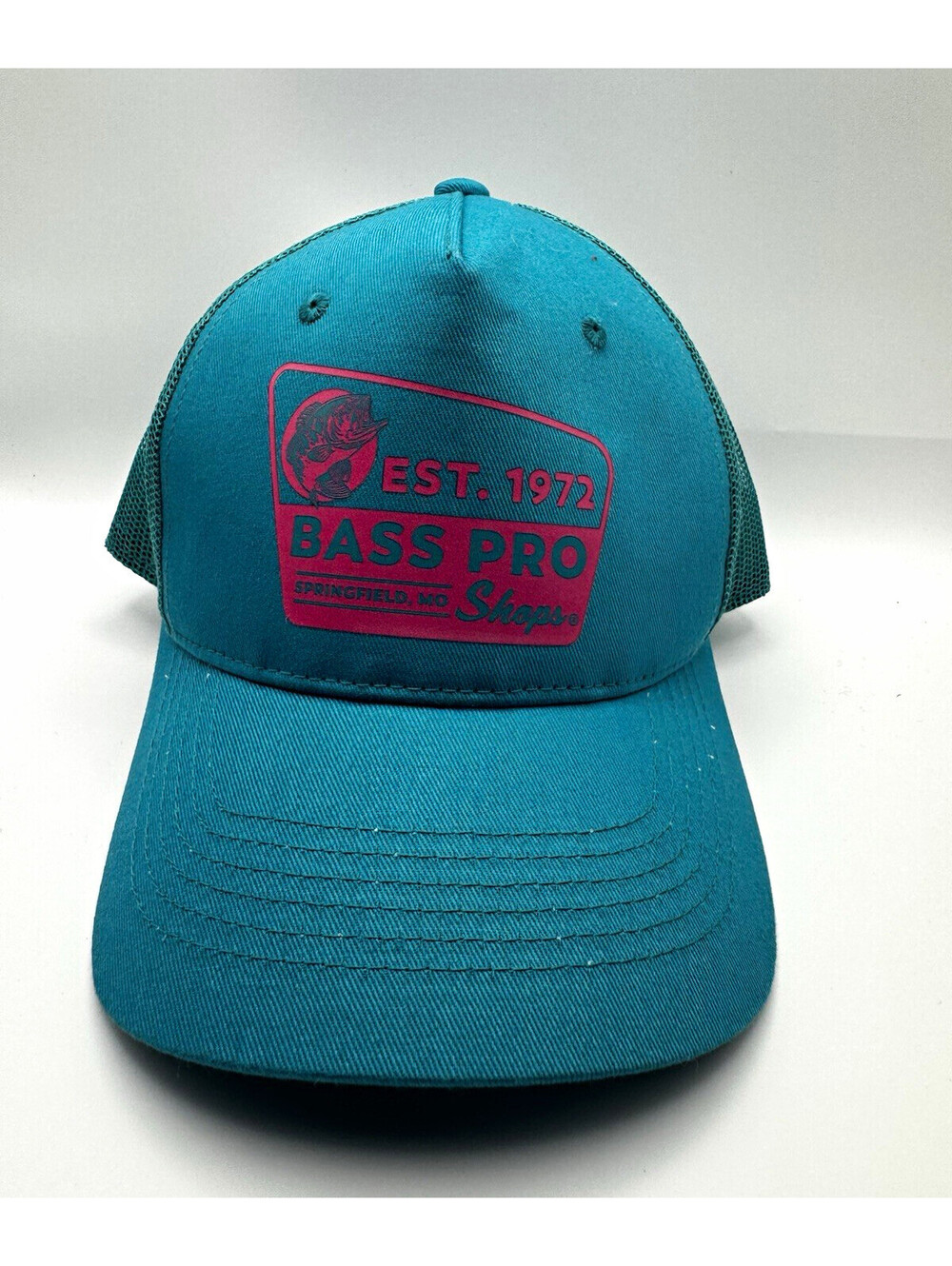 Bass Pro Shops Trucker Hat Blue/Pink Fish Logo Patch Mesh Back Adjustable